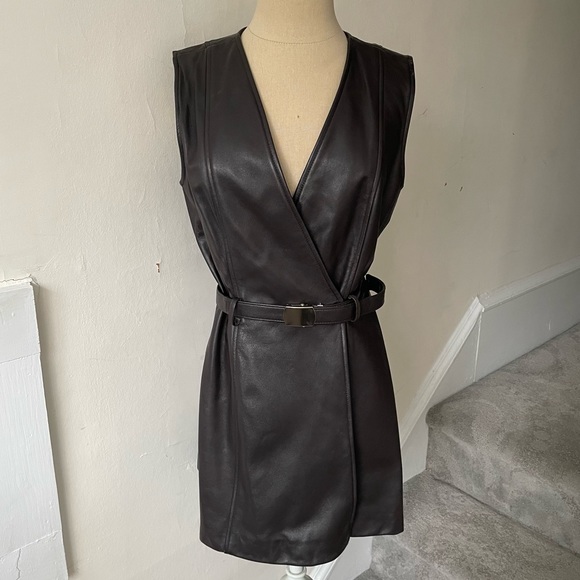 Vintage Dresses & Skirts - Vintage Jackie Bernard Brown Leather Sleeveless V-Neck Belted Mini Dress EUC 6
